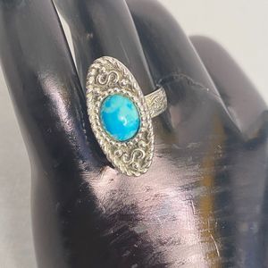 💎Sarah Coventry Signed Aqua Blue Oval Stone Marquise Ring Shape 7 Vintage